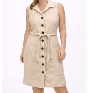 Brooks Brothers Petite Fit Sleeveless Collared Button Linen Blend Dress Tan 6P